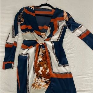 Elegant Navy and Orange Patterned Dress
